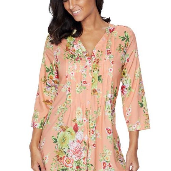 V Neck Pleat Button Front Floral Tunic Top - Picture 5 of 5